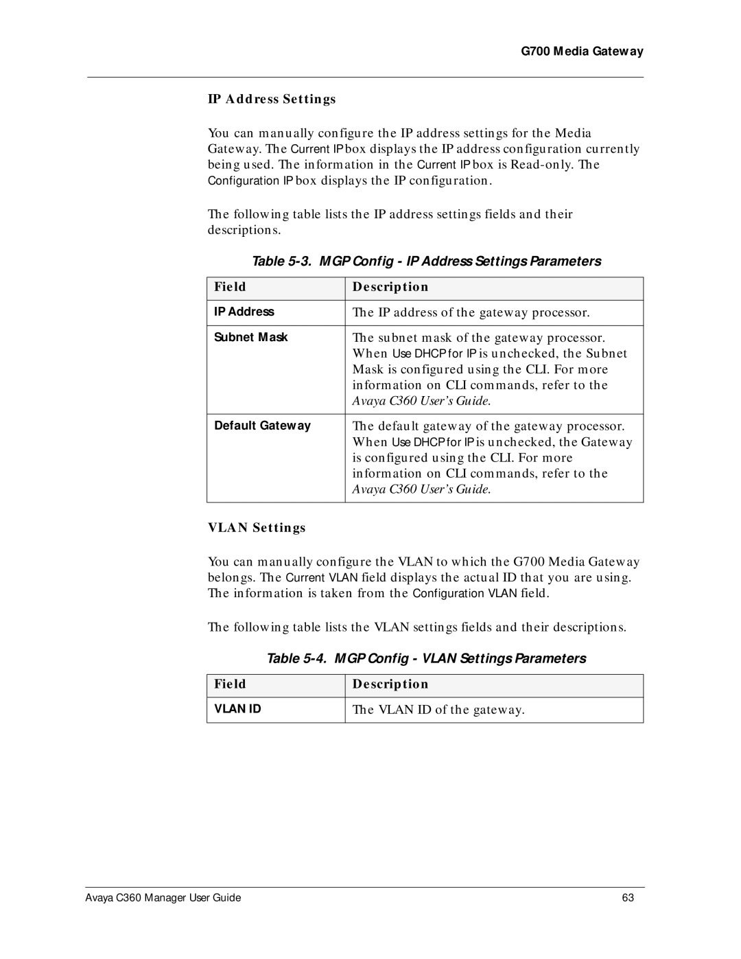 Avaya C360 MGP Config IP Address Settings Parameters, MGP Config Vlan Settings Parameters, Vlan ID of the gateway 