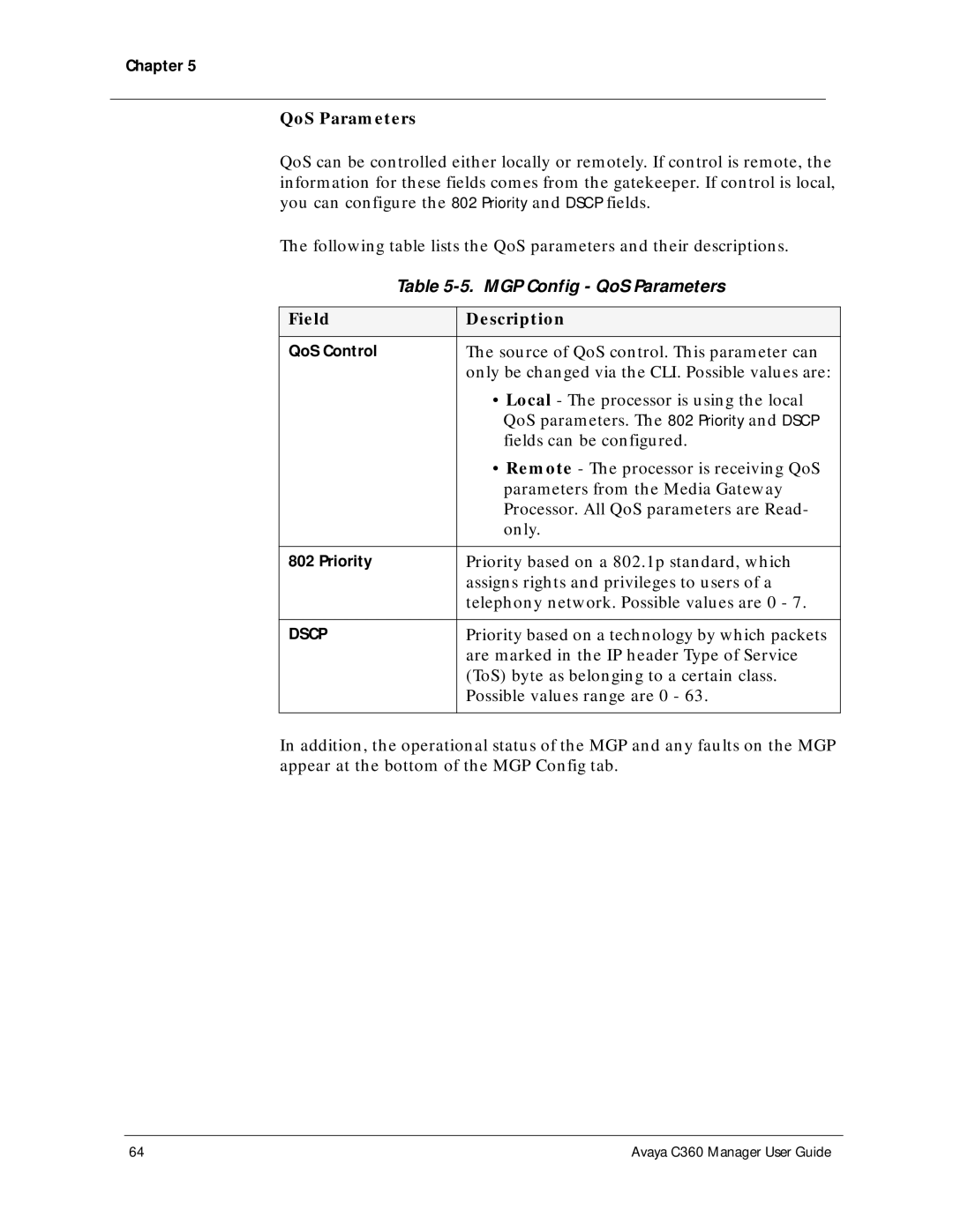 Avaya C360 manual MGP Config QoS Parameters 