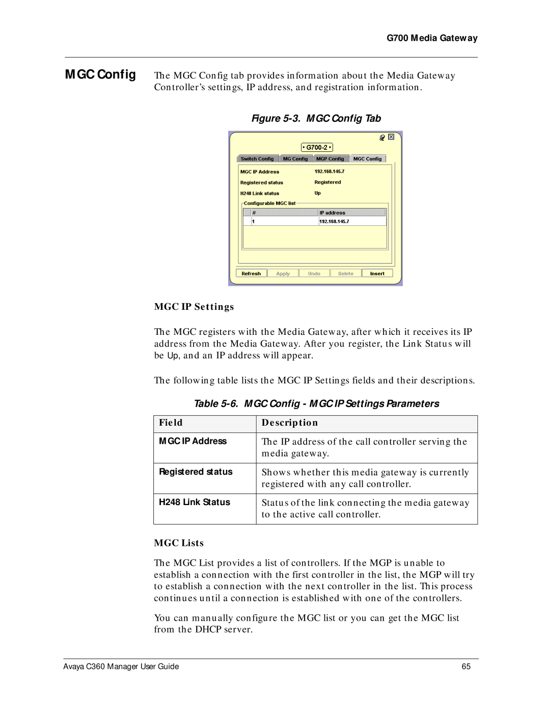 Avaya C360 manual MGC Config MGC IP Settings Parameters, MGC Lists 