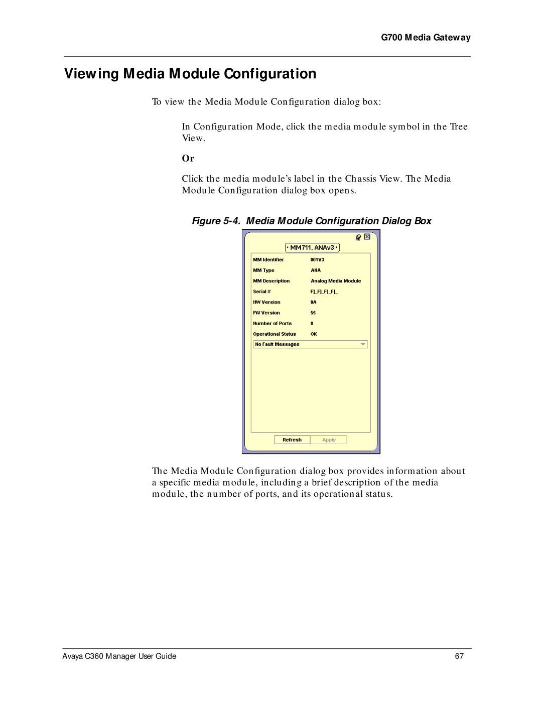 Avaya C360 manual Viewing Media Module Configuration, Media Module Configuration Dialog Box 