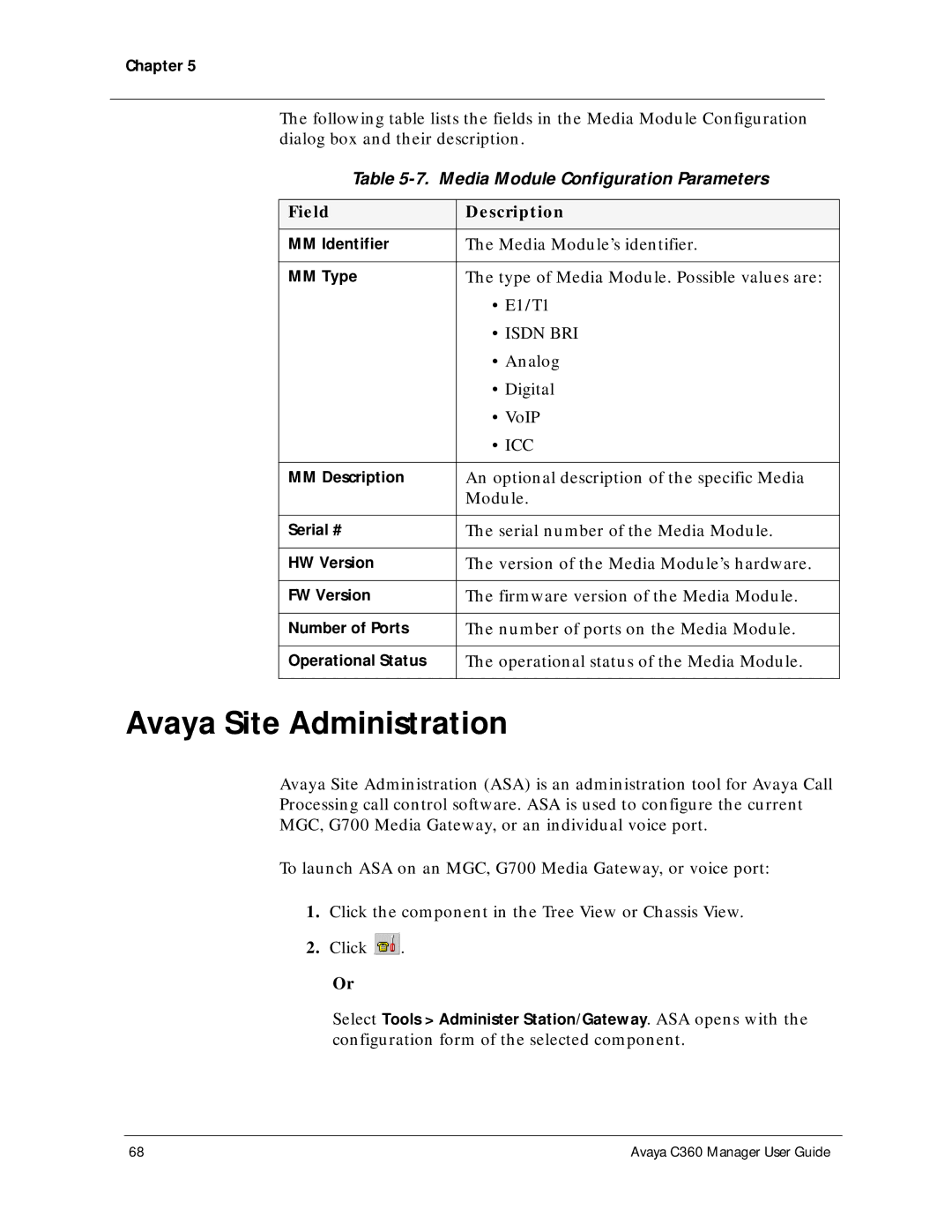 Avaya C360 manual Avaya Site Administration, Media Module Configuration Parameters 