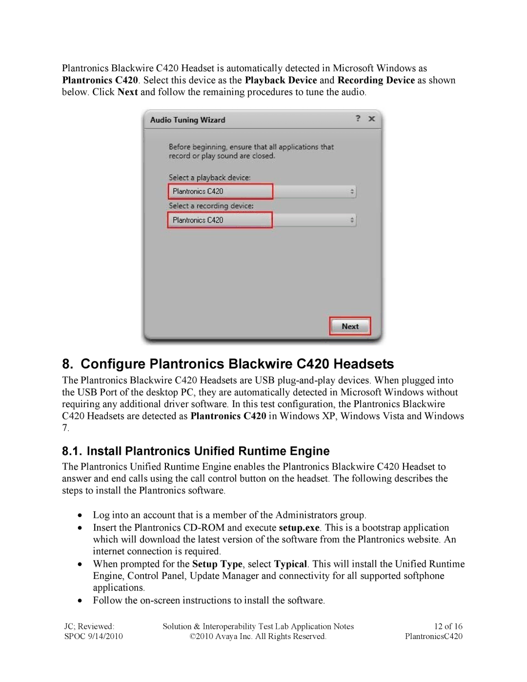 Avaya manual Configure Plantronics Blackwire C420 Headsets, Install Plantronics Unified Runtime Engine 