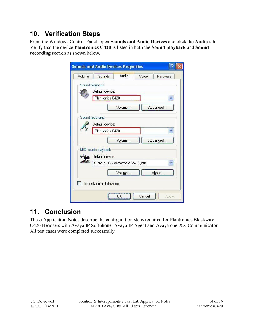 Avaya C420 manual Verification Steps, Conclusion 