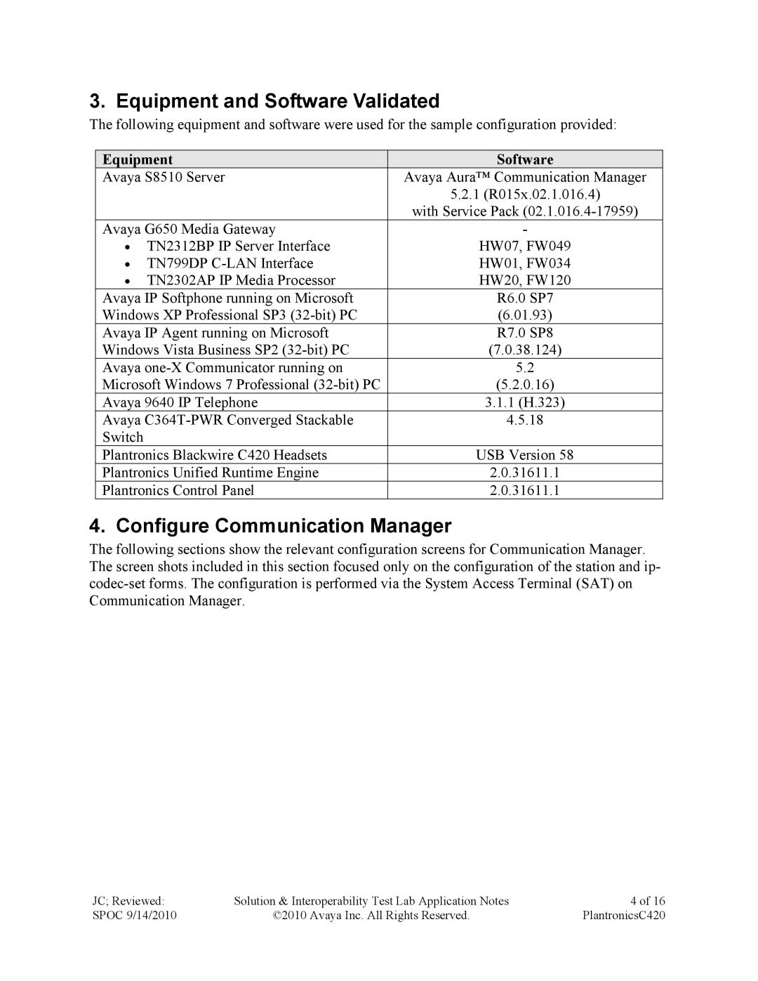 Avaya C420 manual Equipment and Software Validated, Configure Communication Manager 