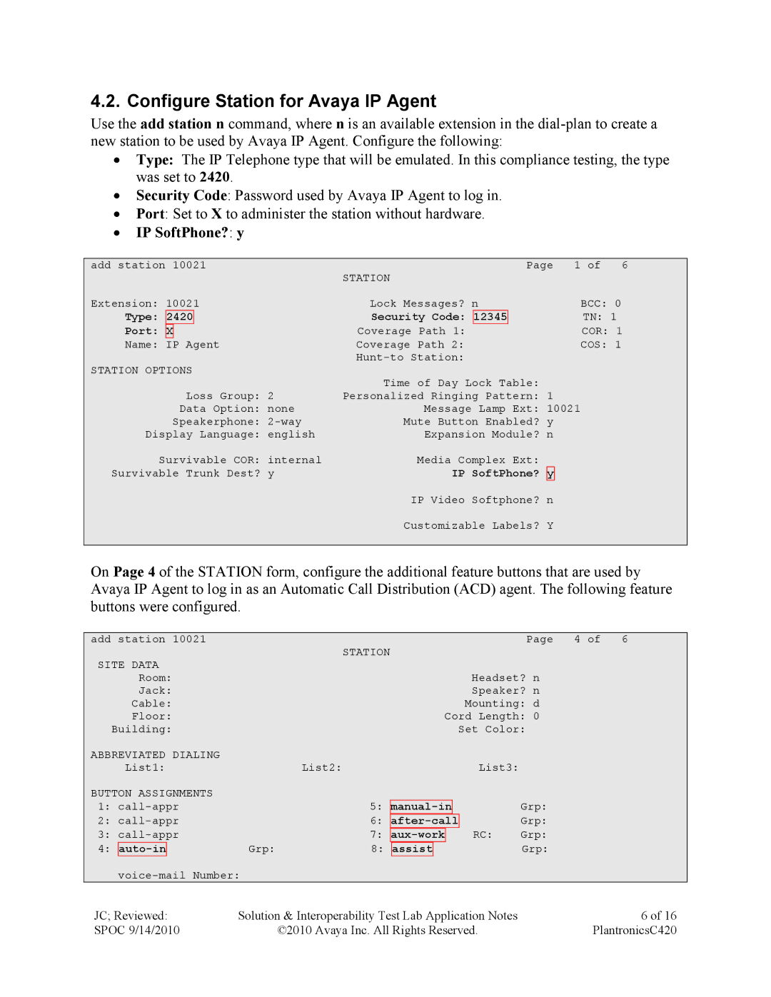 Avaya C420 manual Configure Station for Avaya IP Agent 