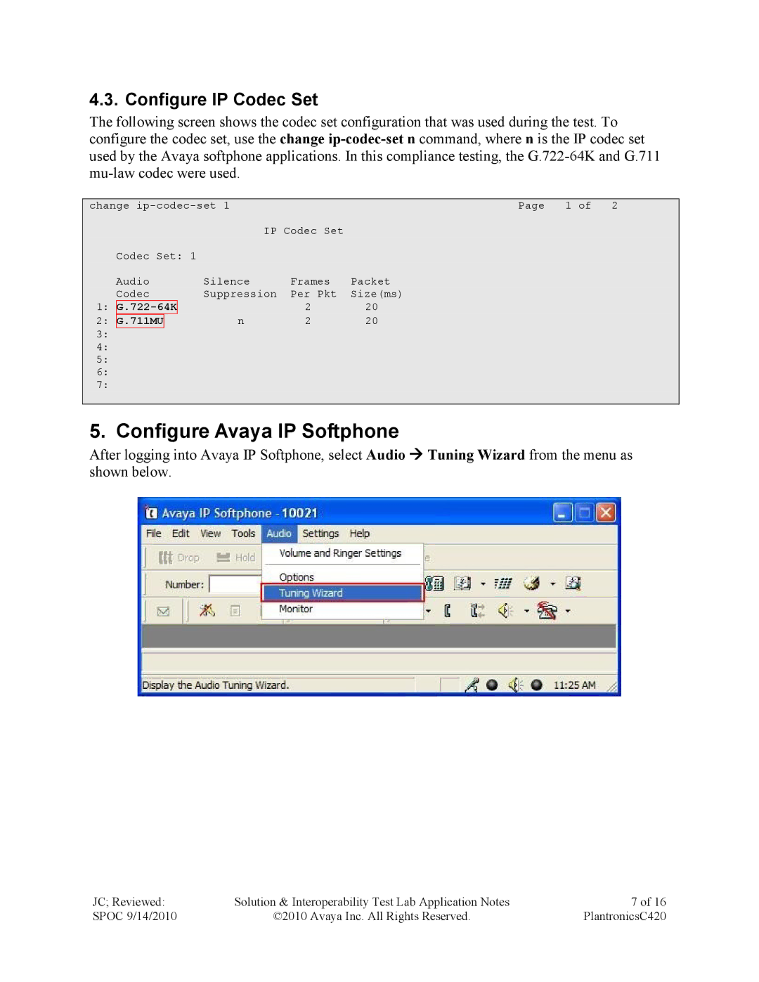 Avaya C420 manual Configure Avaya IP Softphone, Configure IP Codec Set 