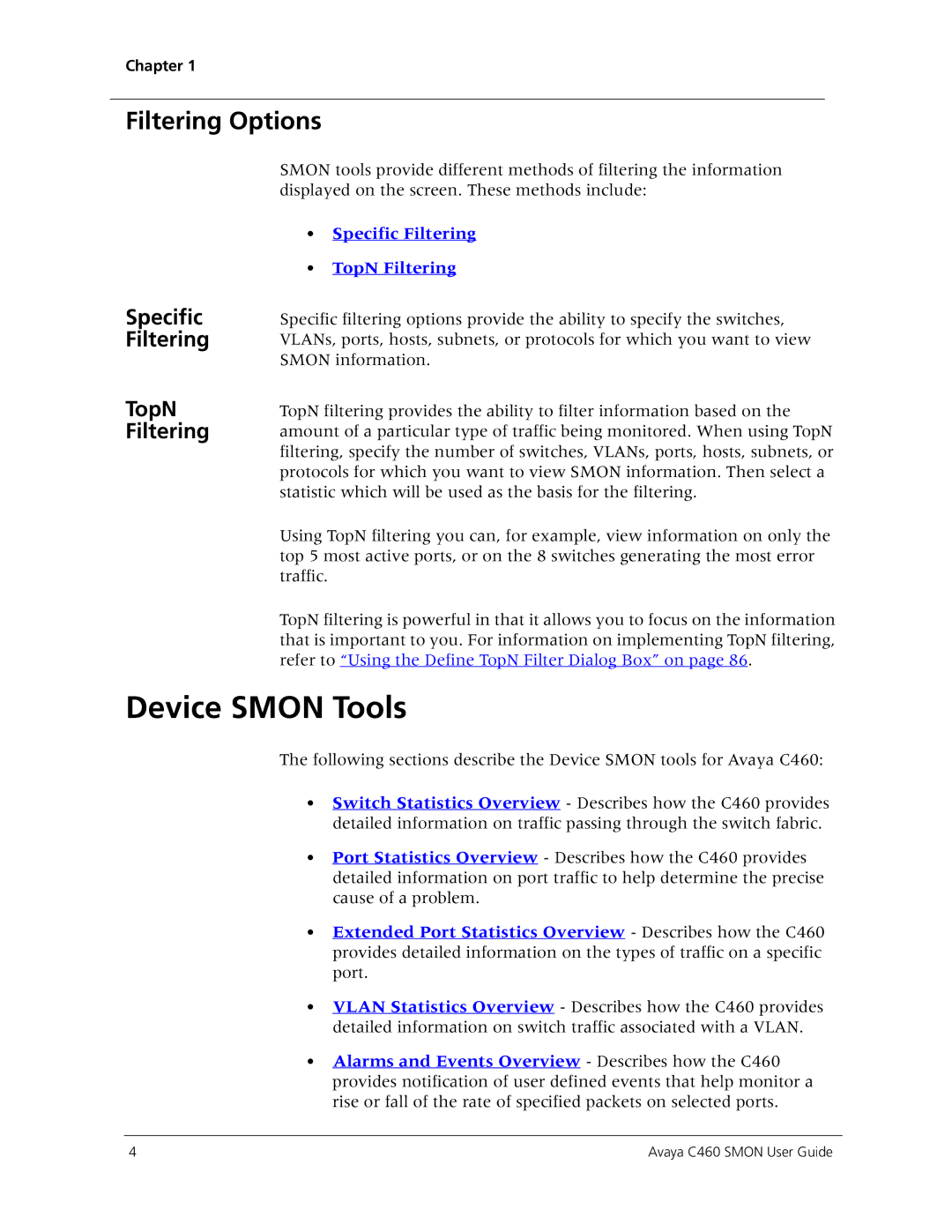 Avaya C460 SMON manual Device Smon Tools, Filtering Options, Specific Filtering TopN Filtering 