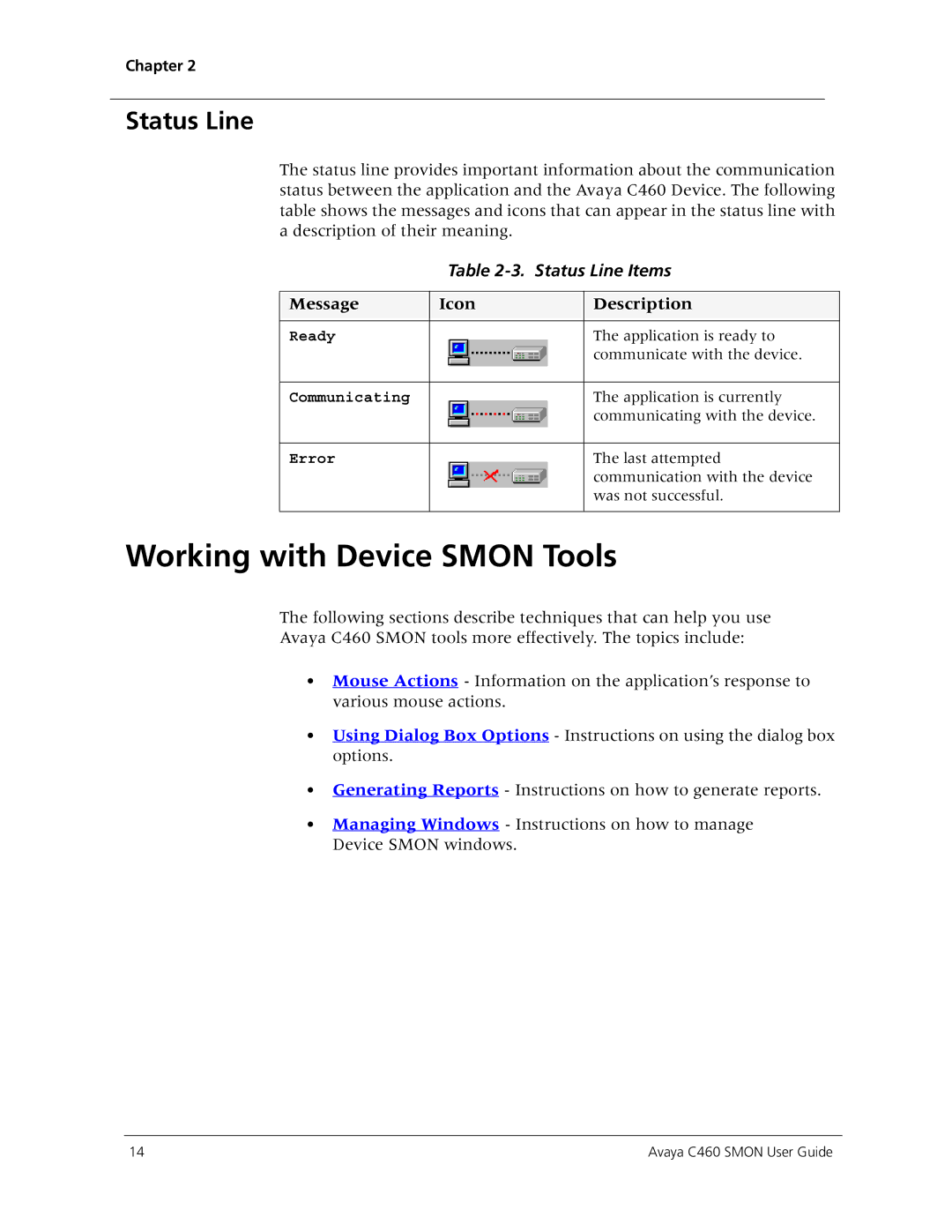 Avaya C460 SMON manual Working with Device Smon Tools, Status Line Items 