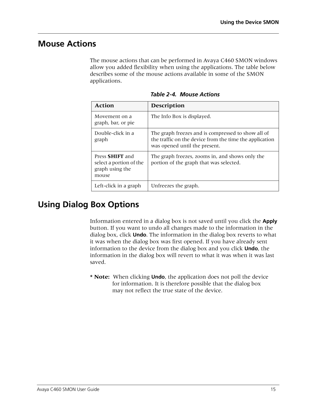 Avaya C460 SMON manual Mouse Actions, Using Dialog Box Options 