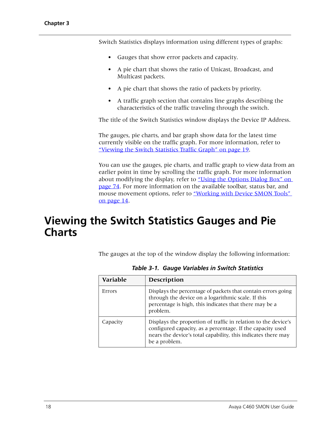 Avaya C460 SMON manual Viewing the Switch Statistics Gauges and Pie Charts, Gauge Variables in Switch Statistics 