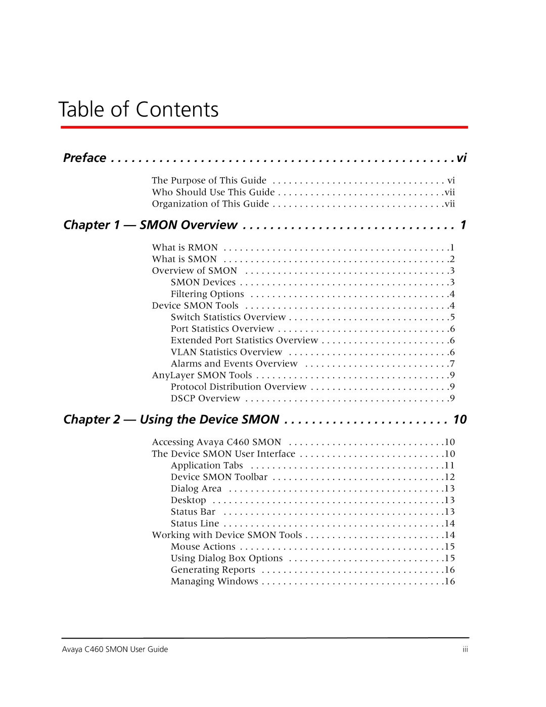 Avaya C460 SMON manual Table of Contents 