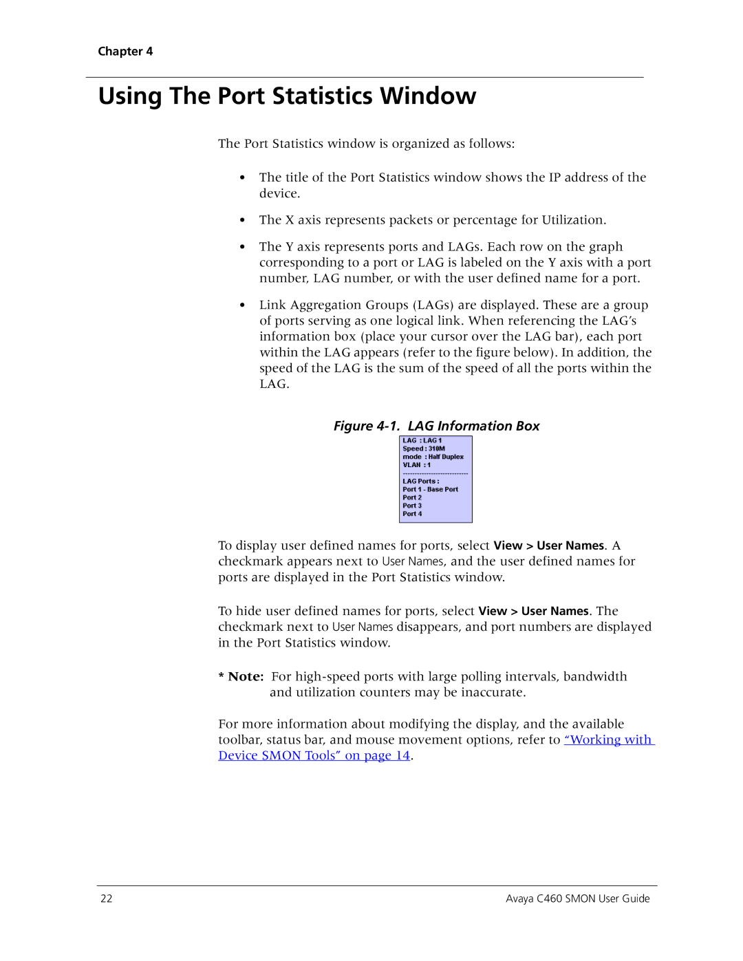 Avaya C460 SMON manual Using The Port Statistics Window, LAG Information Box 