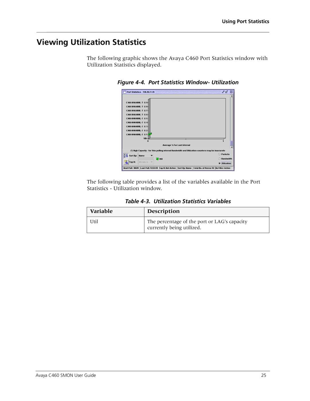 Avaya C460 SMON manual Viewing Utilization Statistics, Utilization Statistics Variables 