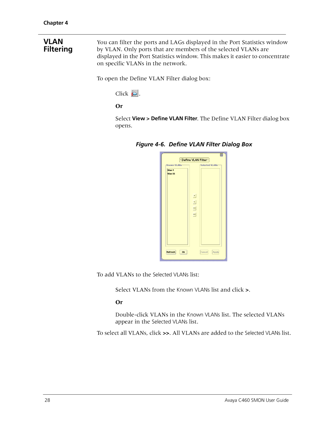 Avaya C460 SMON manual Vlan Filtering, Define Vlan Filter Dialog Box 