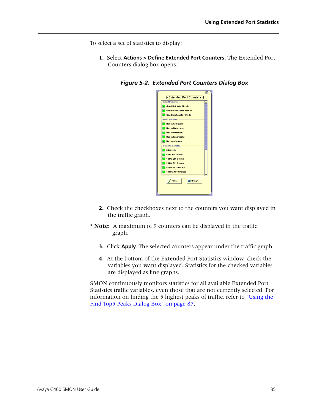 Avaya C460 SMON manual Extended Port Counters Dialog Box 