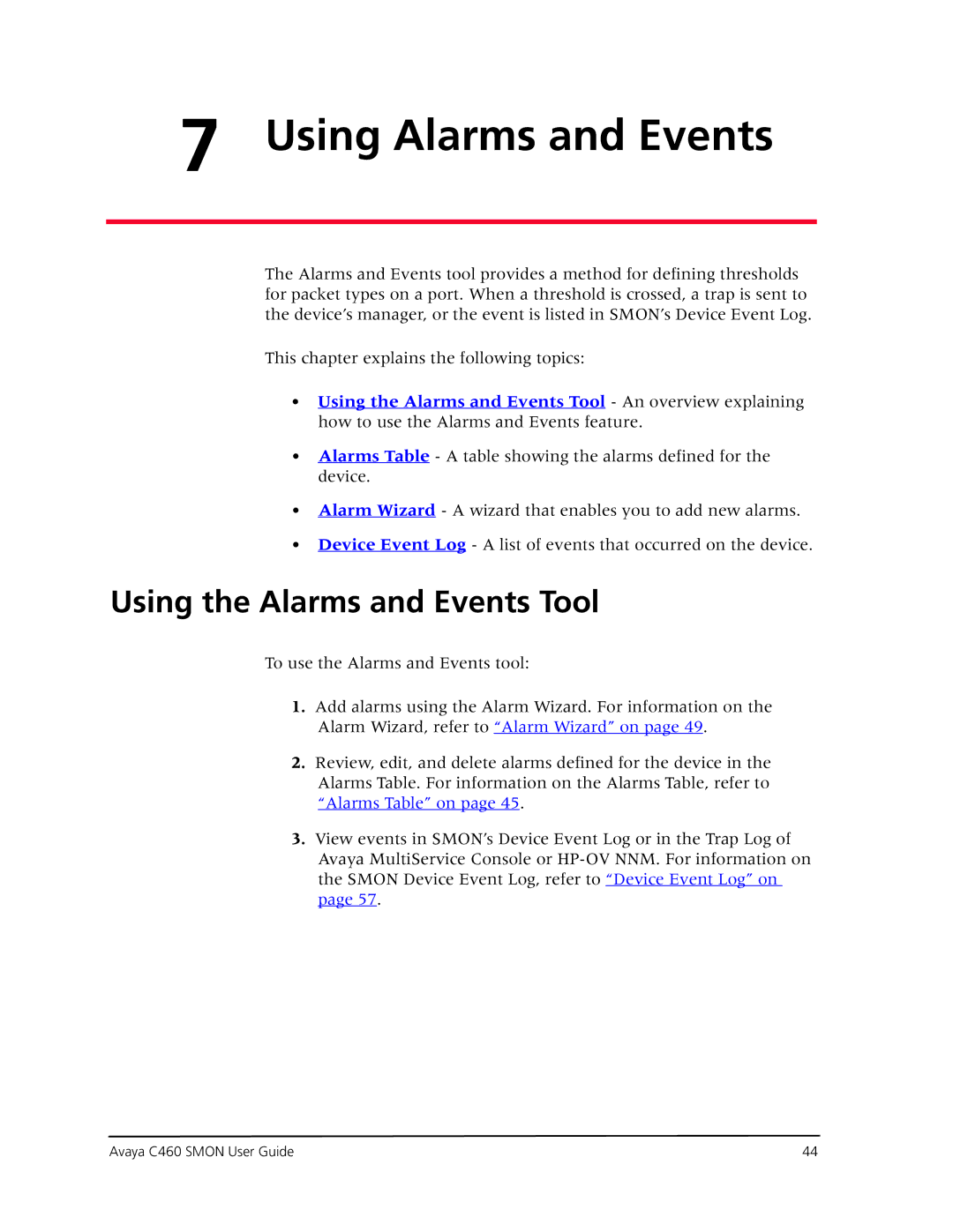 Avaya C460 SMON manual Using Alarms and Events, Using the Alarms and Events Tool 