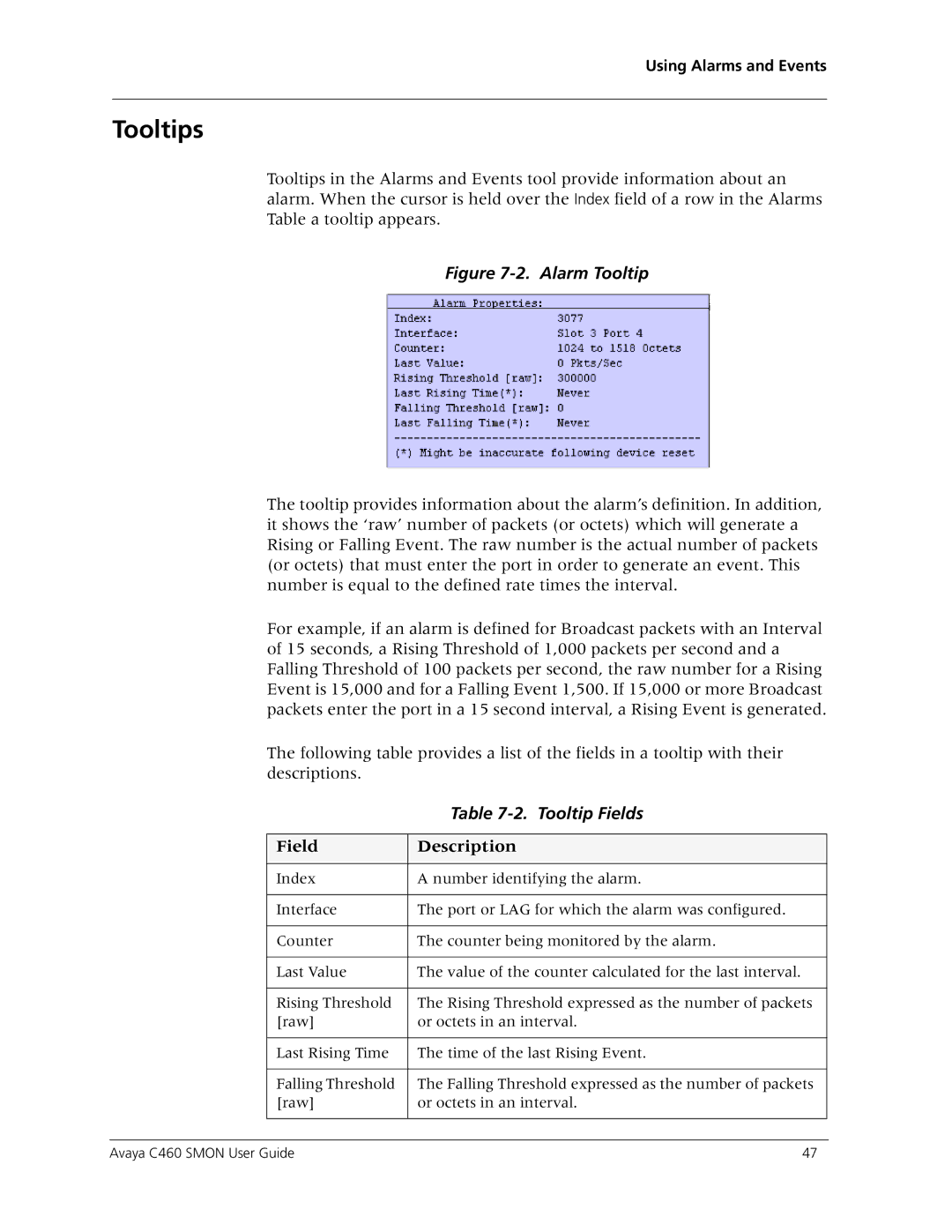 Avaya C460 SMON manual Tooltips, Tooltip Fields 