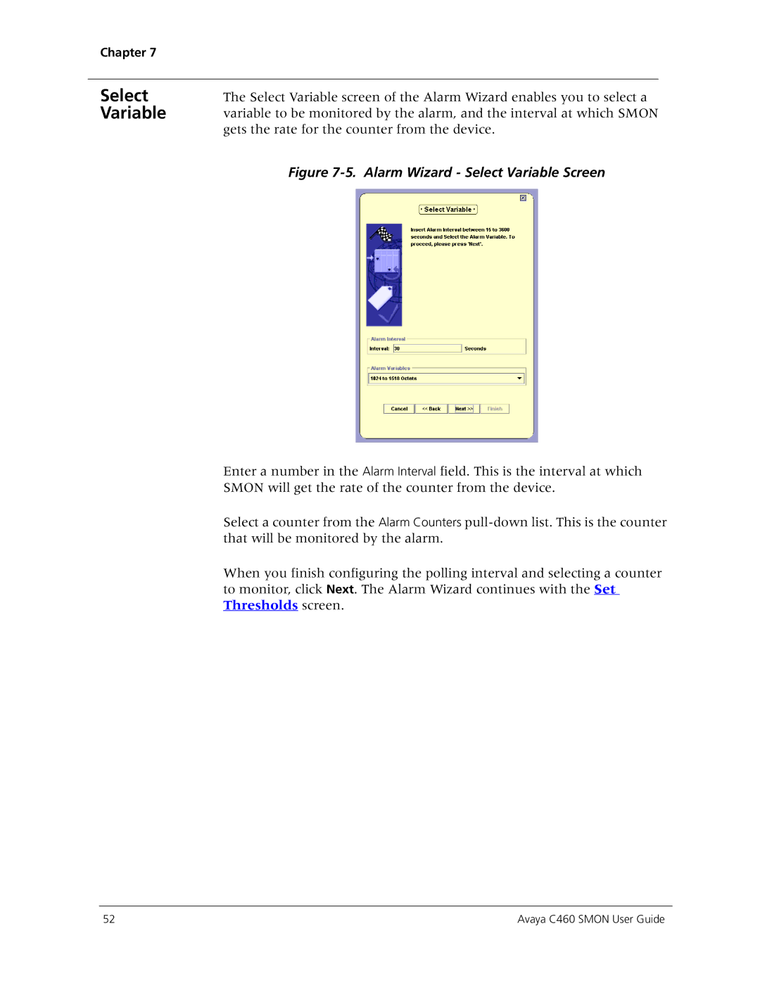Avaya C460 SMON manual Alarm Wizard Select Variable Screen 