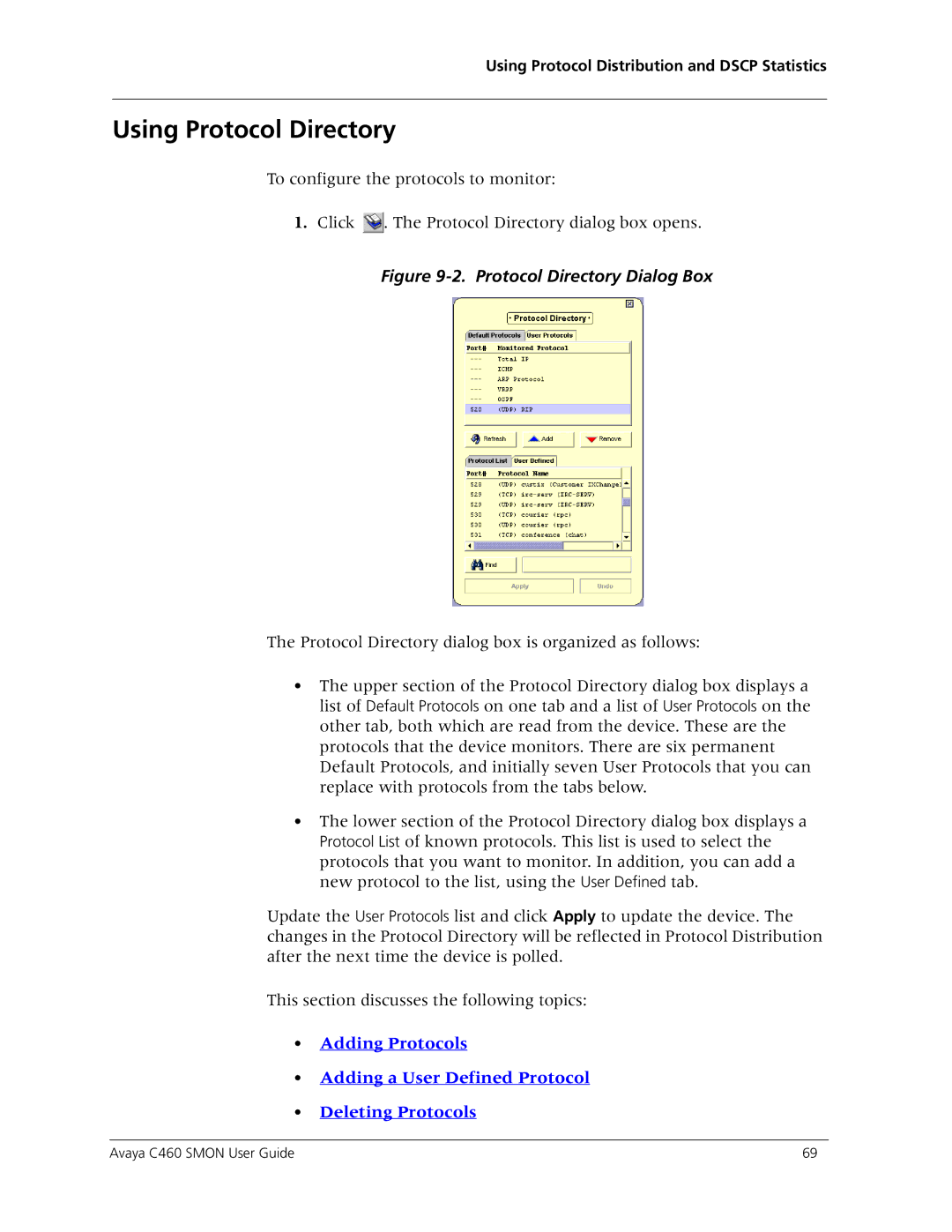 Avaya C460 SMON manual Using Protocol Directory, Protocol Directory Dialog Box 