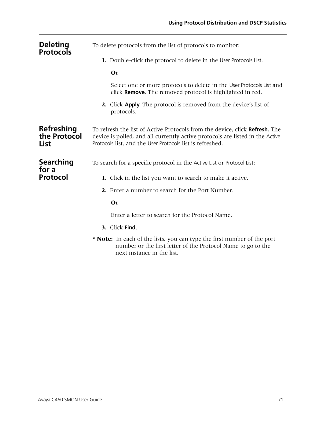 Avaya C460 SMON manual Refreshing Protocol List, Searching for a Protocol 