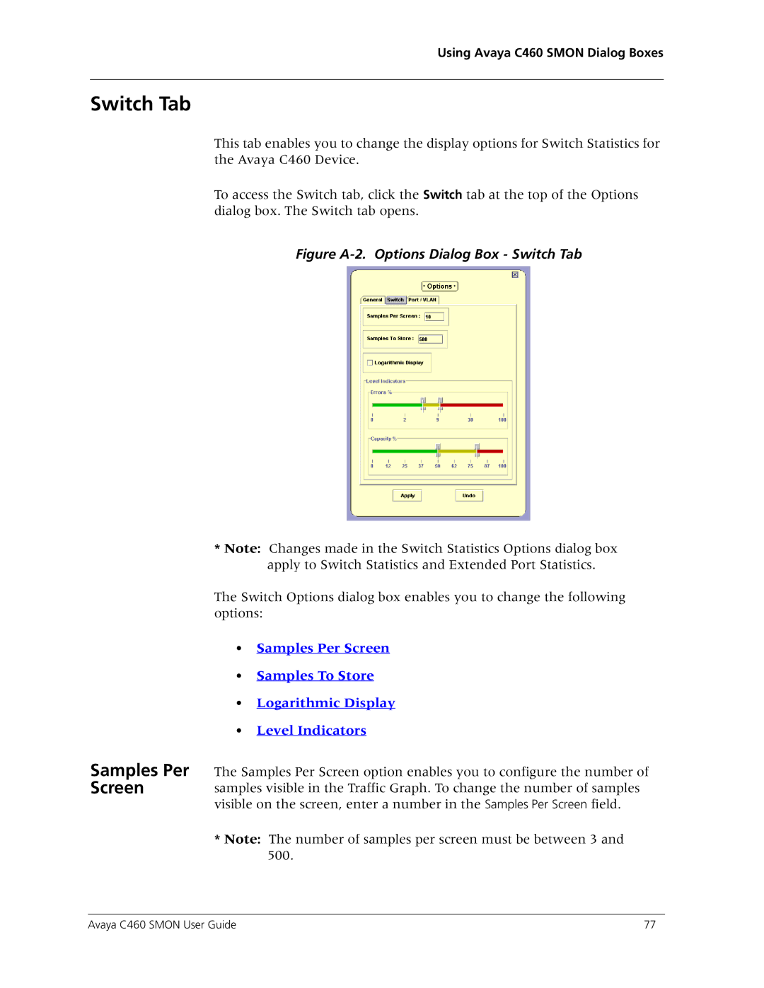 Avaya C460 SMON manual Switch Tab, Samples Per Screen 