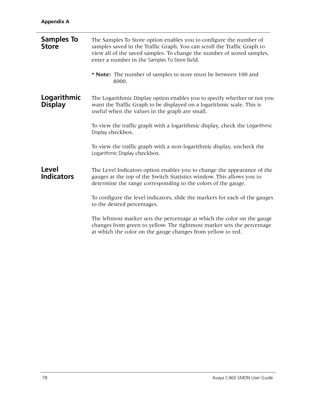 Avaya C460 SMON manual Samples To Store, Logarithmic Display Level Indicators 