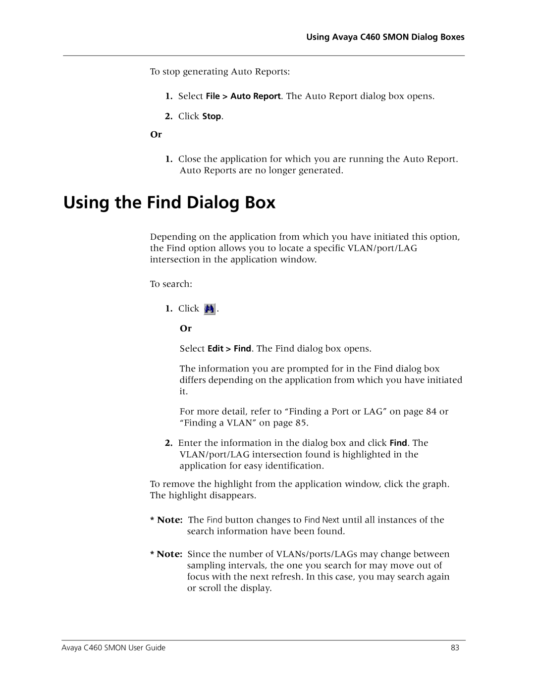 Avaya C460 SMON manual Using the Find Dialog Box 