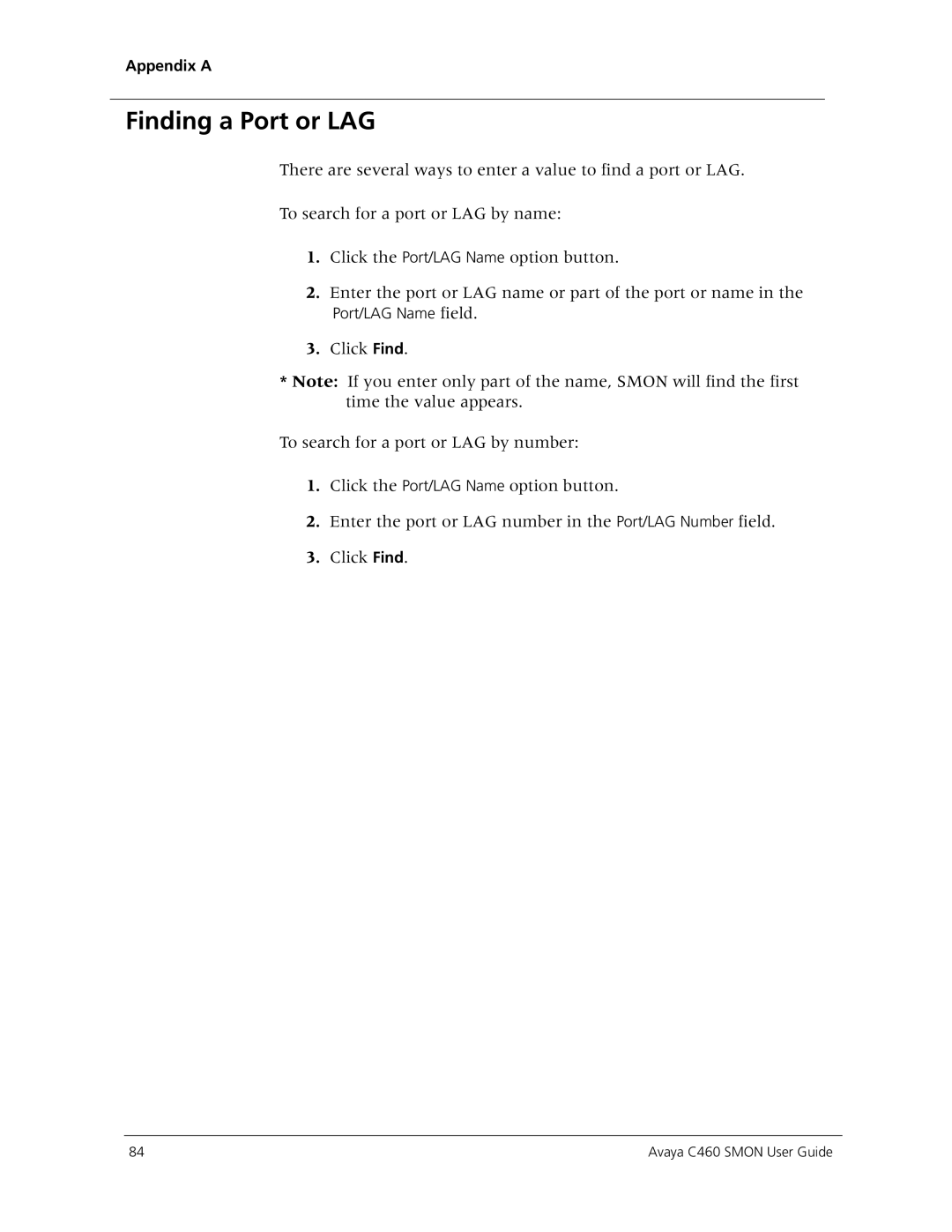 Avaya C460 SMON manual Finding a Port or LAG 