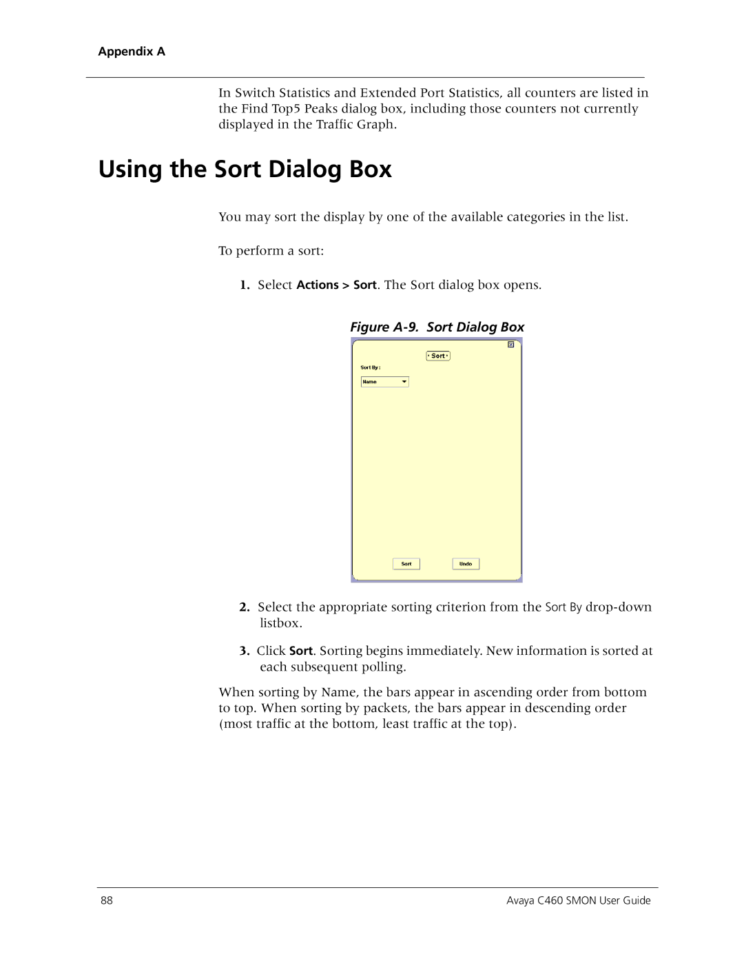 Avaya C460 SMON manual Using the Sort Dialog Box, Figure A-9. Sort Dialog Box 