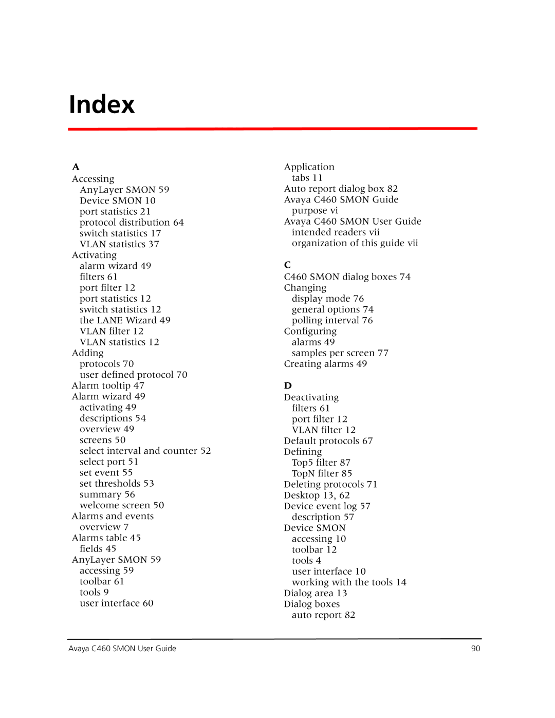 Avaya C460 SMON manual Index 