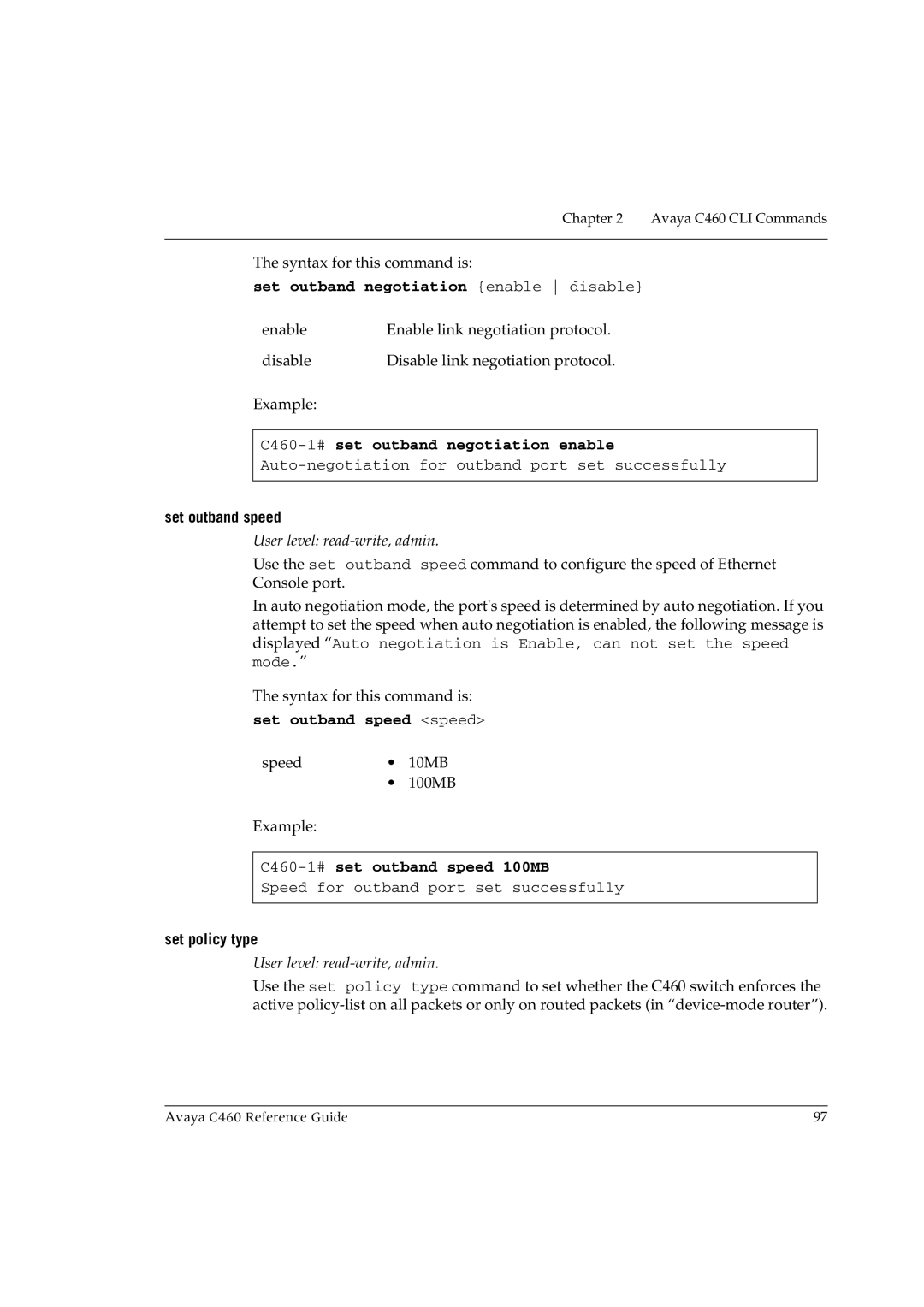 Avaya manual Set outband negotiation enable disable, C460-1#set outband negotiation enable, Set outband speed speed 