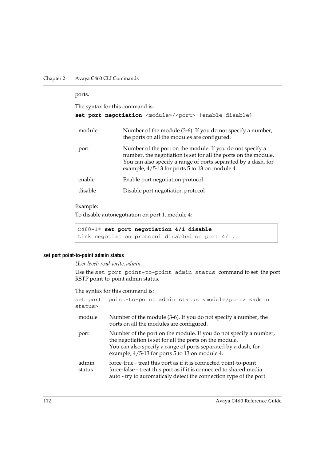 Avaya manual C460-1#set port negotiation 4/1 disable, Set port point-to-point admin status 