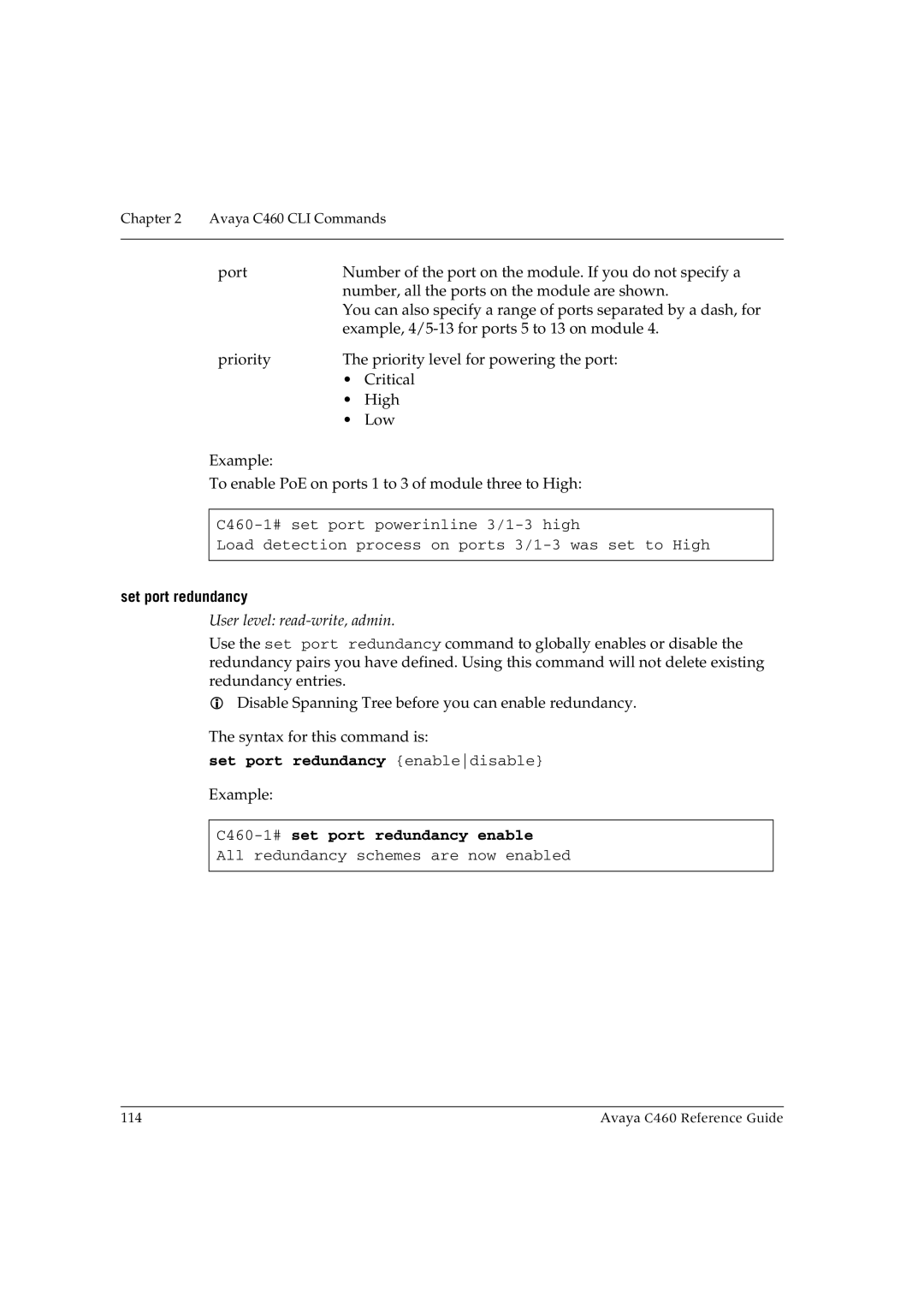 Avaya manual Set port redundancy enabledisable, C460-1#set port redundancy enable 