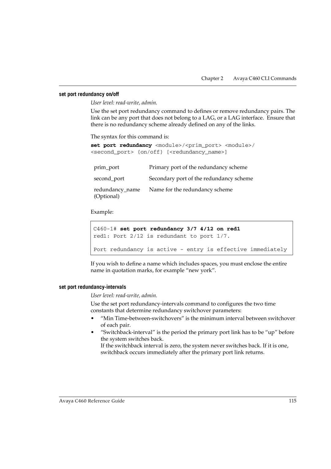 Avaya C460 manual Set port redundancy on/off, Set port redundancy-intervals 