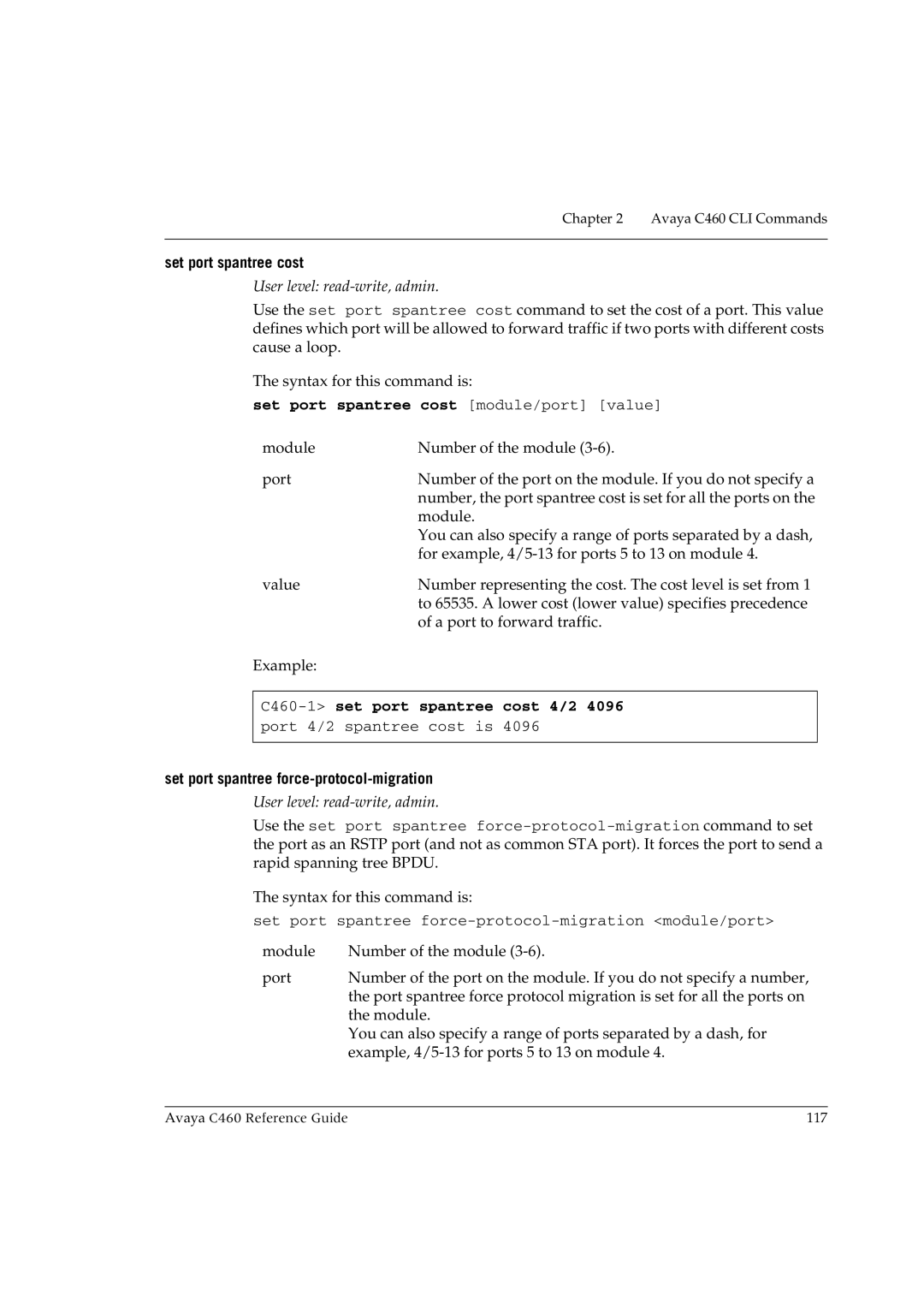 Avaya C460 manual Set port spantree cost module/port value, Set port spantree force-protocol-migration 