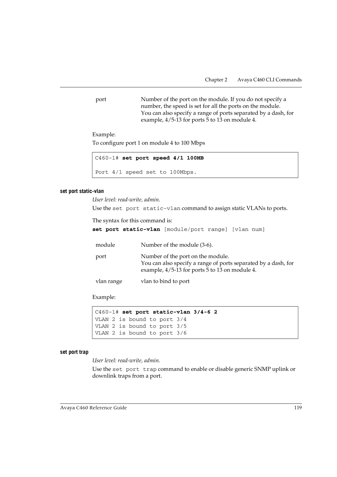 Avaya manual C460-1#set port speed 4/1 100MB, Set port static-vlan, C460-1#set port static-vlan 3/4-6, Set port trap 
