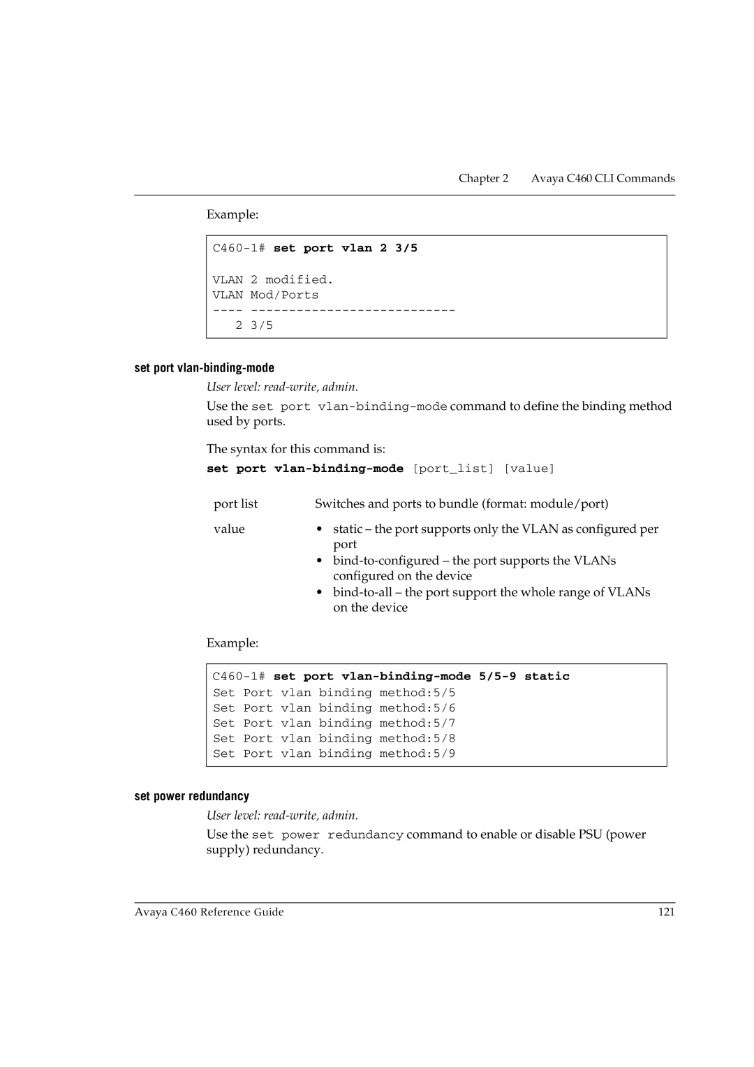 Avaya manual C460-1#set port vlan 2 3/5, Set port vlan-binding-mode portlist value, Set power redundancy 