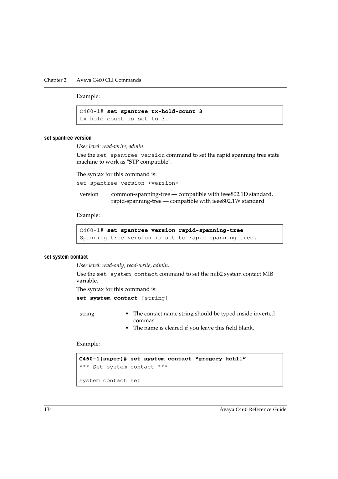 Avaya manual C460-1#set spantree tx-hold-count, Set spantree version, Set system contact string 