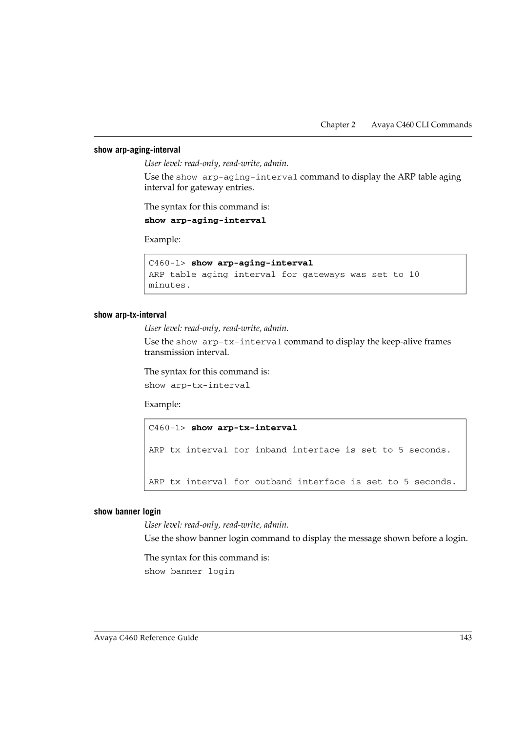 Avaya manual Show arp-aging-interval, C460-1show arp-aging-interval, C460-1show arp-tx-interval 