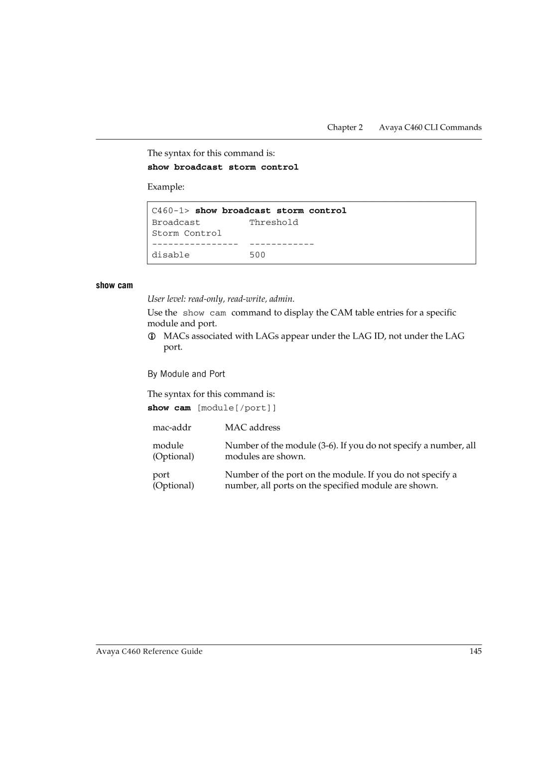Avaya manual Show broadcast storm control, C460-1show broadcast storm control, Show cam 