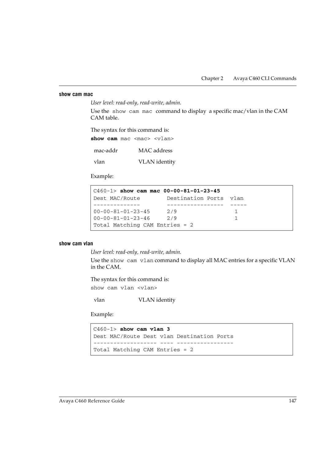 Avaya manual Show cam mac, C460-1 show cam mac, Show cam vlan, C460-1show cam vlan 