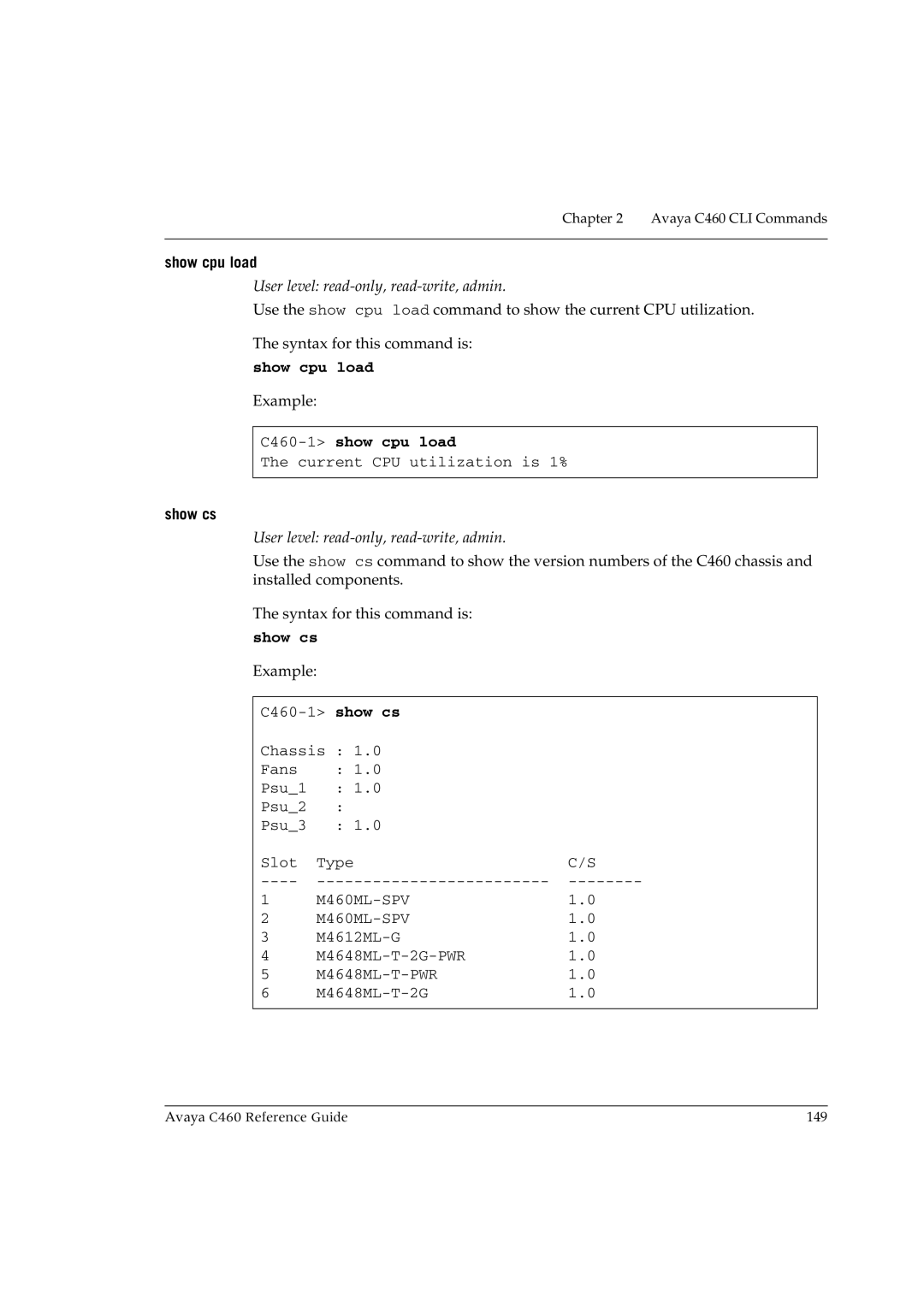 Avaya manual Show cpu load, C460-1show cpu load, Show cs 