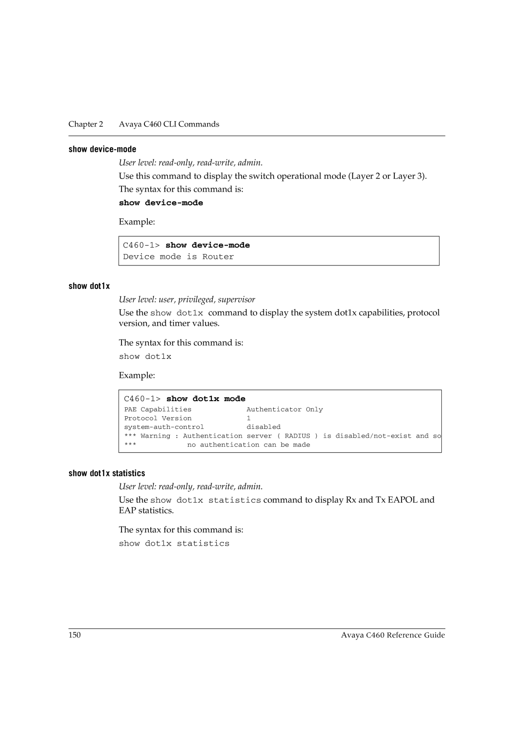 Avaya manual Show device-mode, C460-1show device-mode, C460-1show dot1x mode 