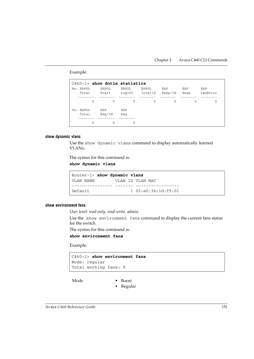 Avaya manual C460-1show dot1x statistics, Show dynamic vlans Router-1show dynamic vlans, Show environment fans 