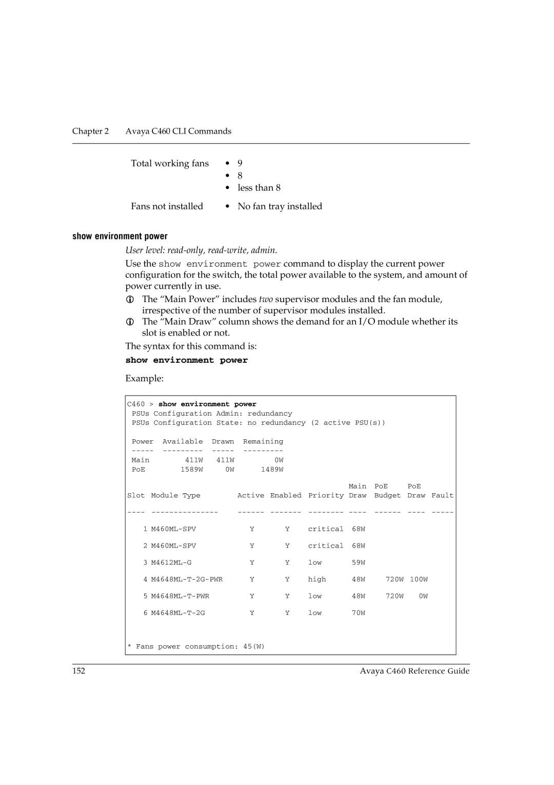 Avaya C460 manual Show environment power 