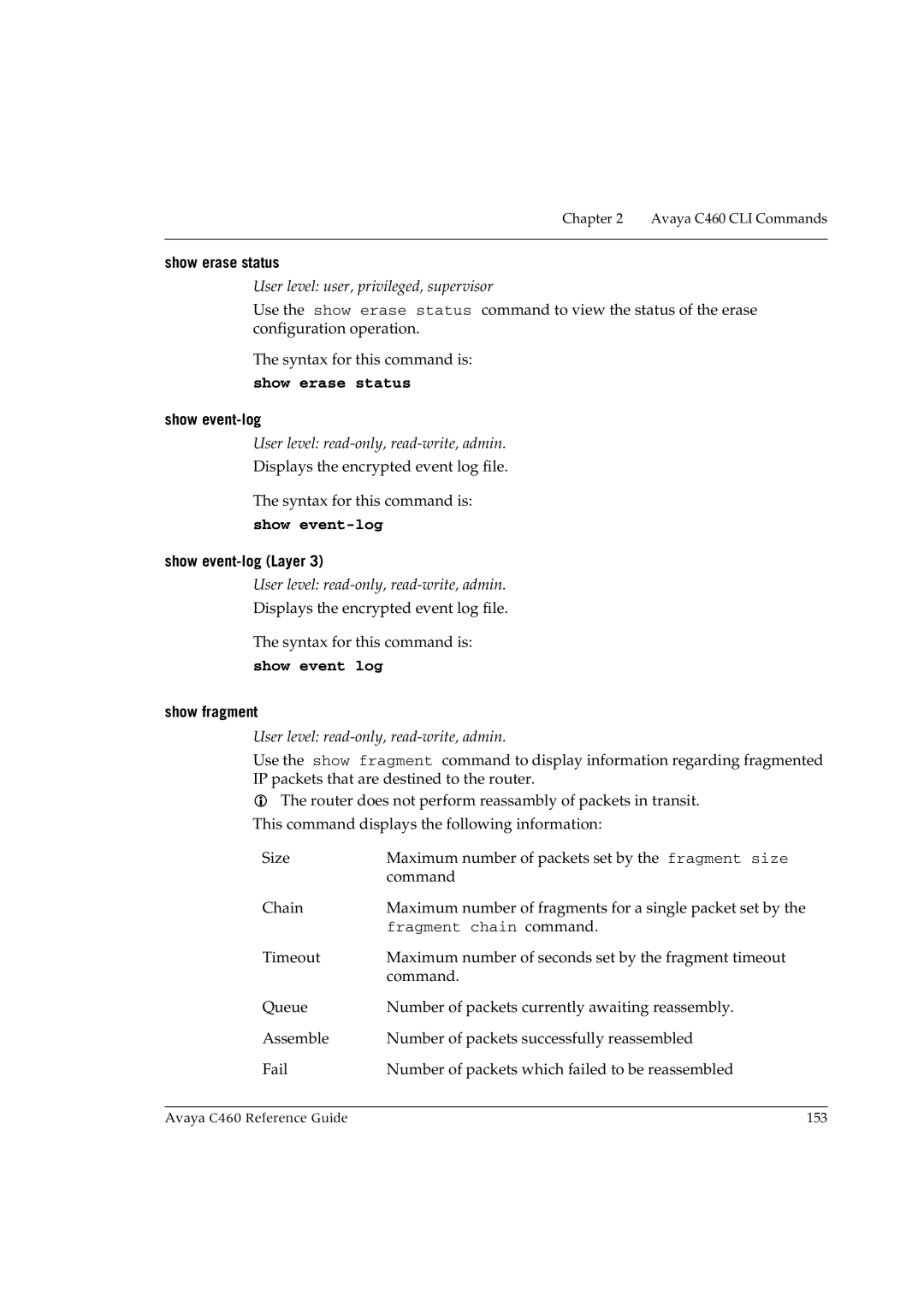 Avaya C460 manual Show erase status, Show event-log, Show event log 