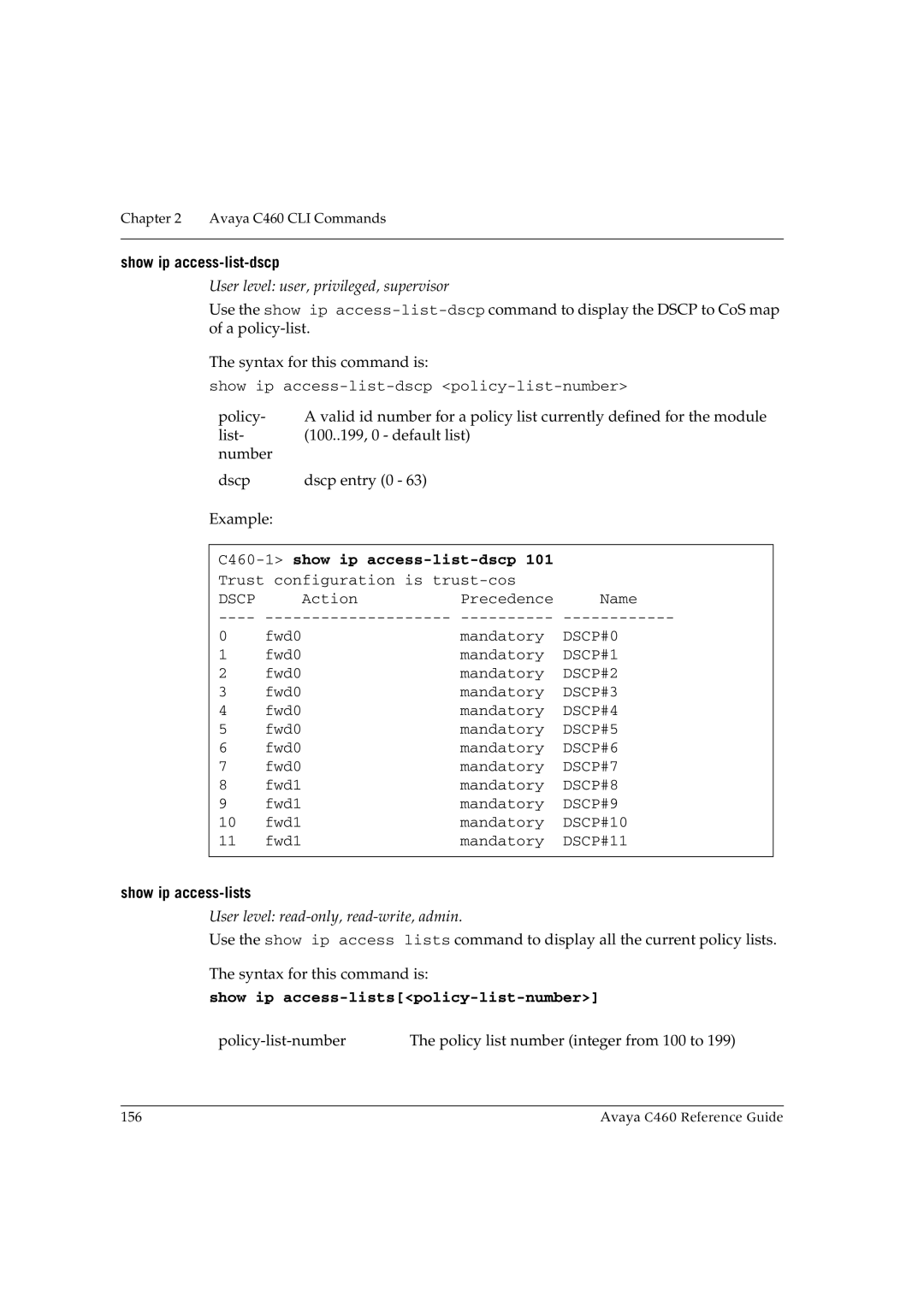 Avaya manual Show ip access-list-dscp, C460-1 show ip access-list-dscp, Show ip access-lists 