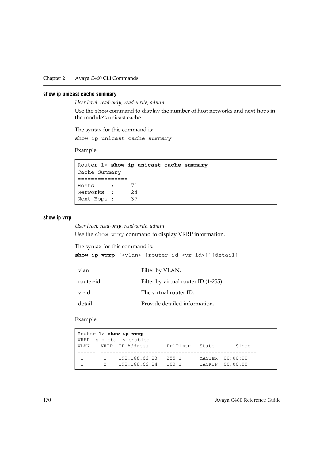 Avaya C460 manual Show ip unicast cache summary, Router-1show ip unicast cache summary, Show ip vrrp 