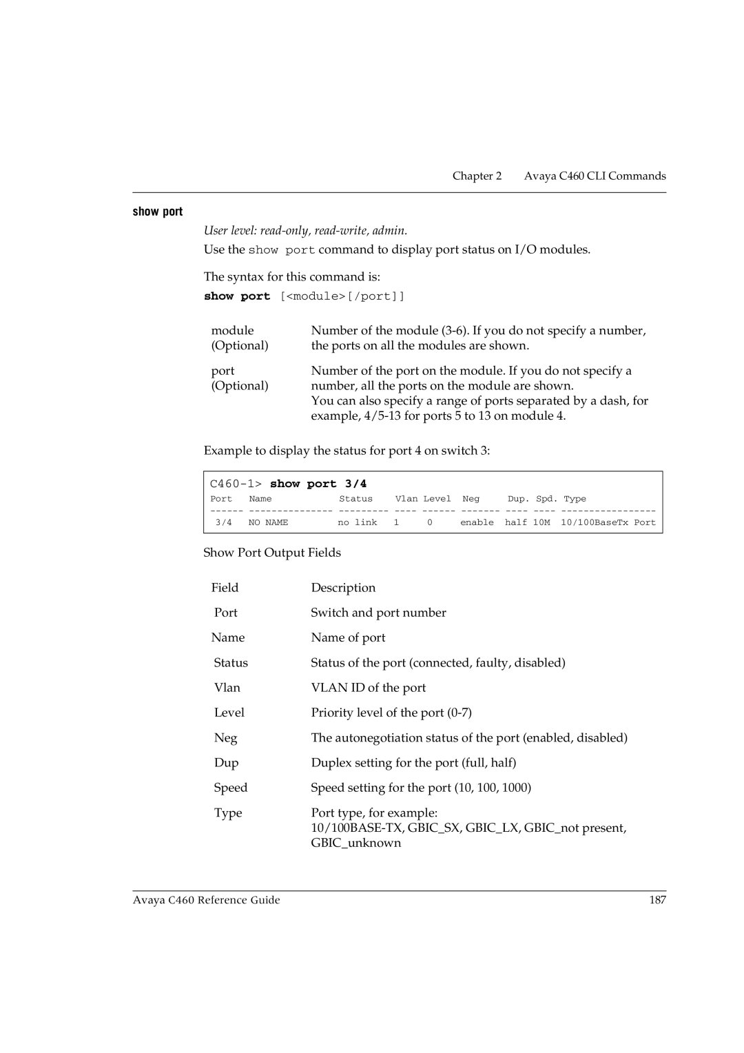 Avaya manual Show port, C460-1show port 3/4 