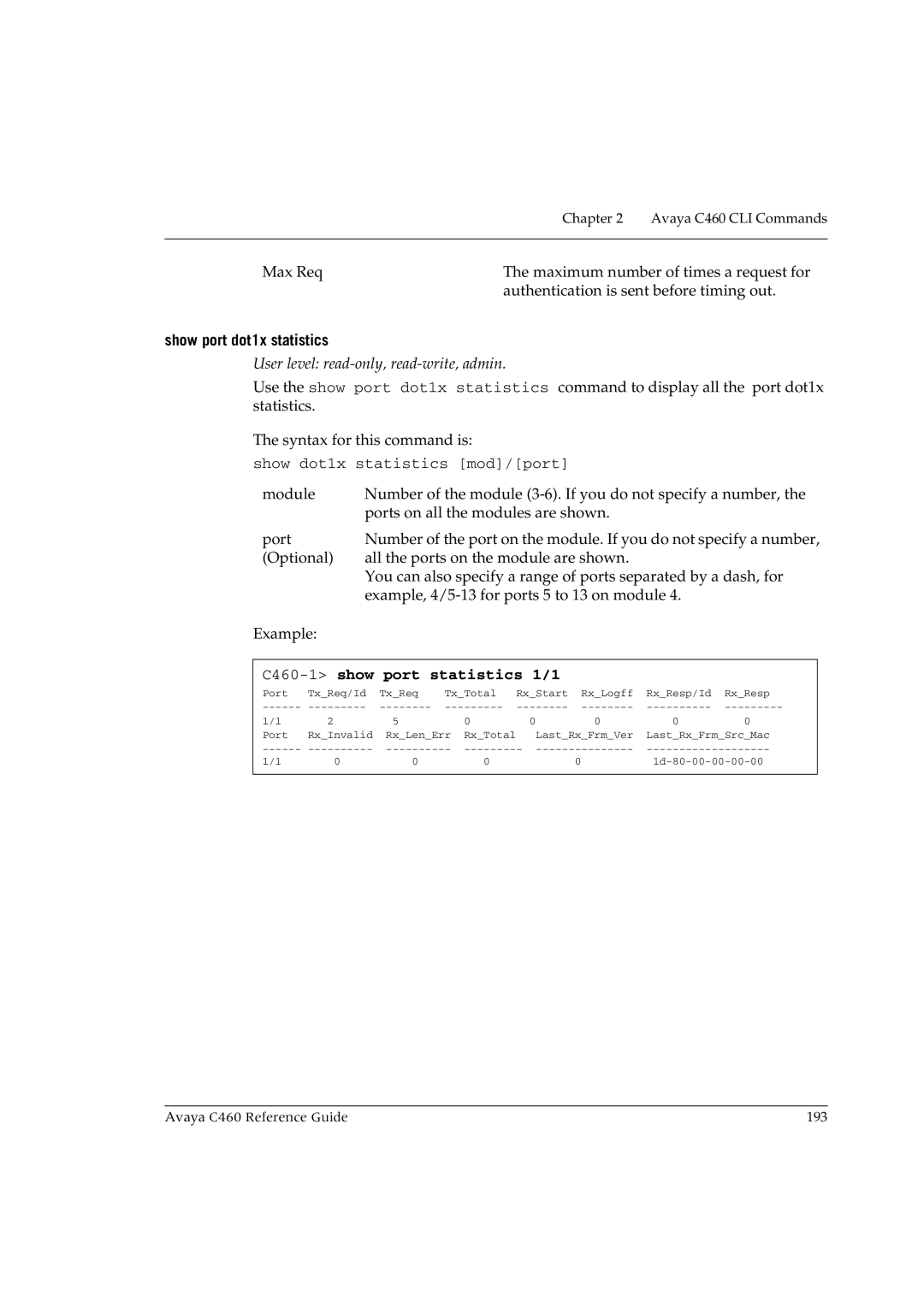 Avaya manual Show port dot1x statistics, C460-1show port statistics 1/1 